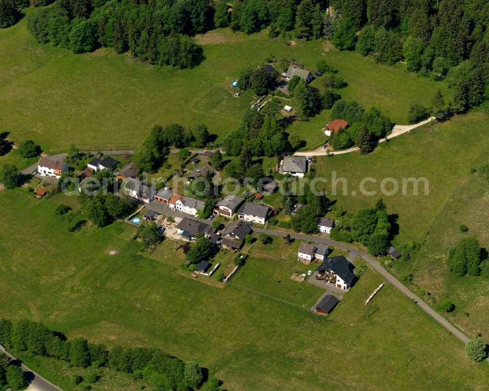 Aerial image Börfink - View of the Thranenweier part of Boerfink in the state of Rhineland-Palatinate. The borough and municipiality is located in the county district of Birkenfeld, on Traunbach creek near the Erbeskopf mountain in the Hunsrueck region. It is surrounded by agricultural land, meadows and forest and consists of three hamlets: Einschiederhof, Forellenhof Trauntal and Thranenweier