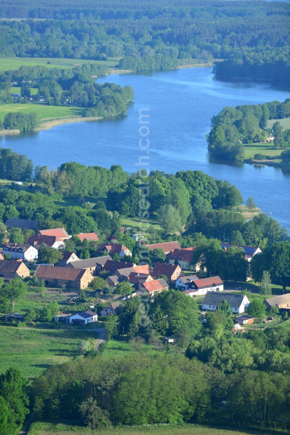 Vielitzsee from above - View of the Vielitz part and lake in the borough of Vielitzsee in the state of Brandenburg. The borough is located in the Ostprignitz-Ruppin county district. Vielitz is located on the Southern shore of the lake