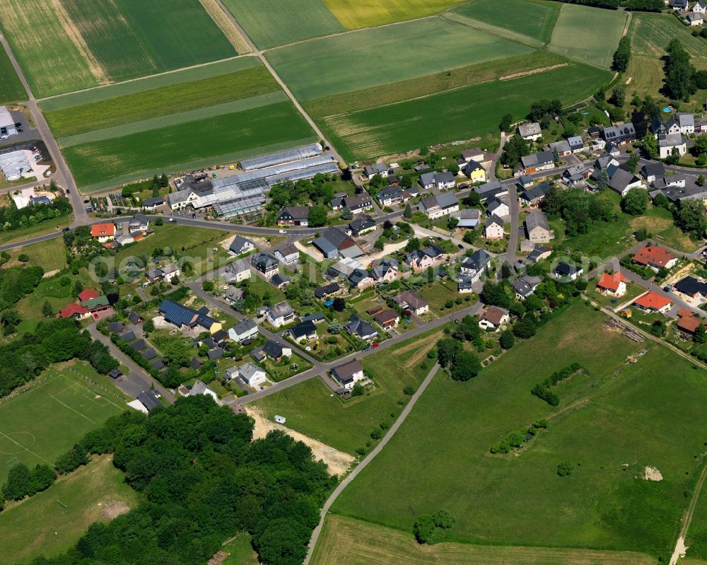 Aerial image Schauren - View of the West of Schauren in the state of Rhineland-Palatinate. The borough and municipiality is located in the county district of Birkenfeld, at Idar Forest in the Hunsrueck region. It is surrounded by agricultural land, meadows and forest. The hamlets Aschieder Mill and Schaurener Mill belong to the borough