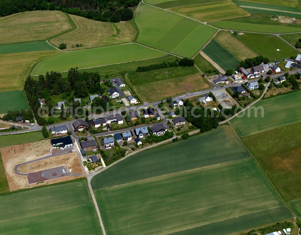 Tellig from the bird's eye view: View of the West of Tellig in the state of Rhineland-Palatinate. Tellig is located in the county district of Cochem-Zell, in the Northern Hunsrueck region. The borough and municipiality consists of residential areas and agricultural land. It is home to the Oldtimer Tractors Club