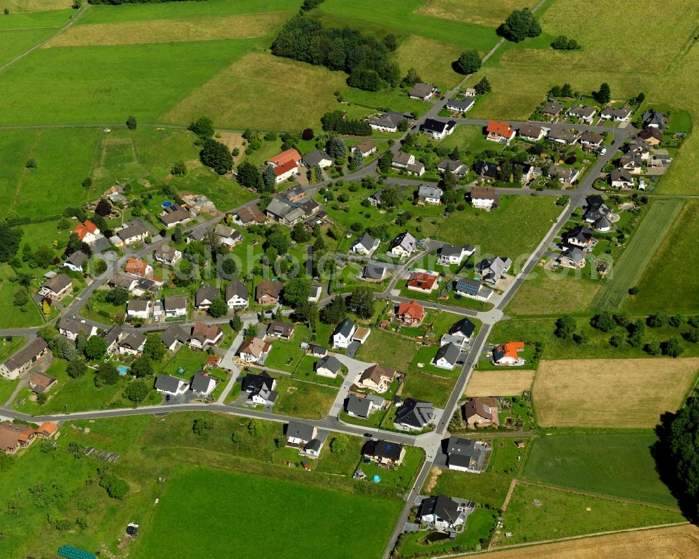 Asbach from above - View of a residential area in the North of Asbach in the state of Rhineland-Palatinate. The borough and municipiality Asbach is located in the county district of Neuwied in the Niederwesterwald forest region between the Nature parks Rhine-Westerwald and Bergisches Land. Residential buildings and fields are located on Waldstrasse in the North of Asbach