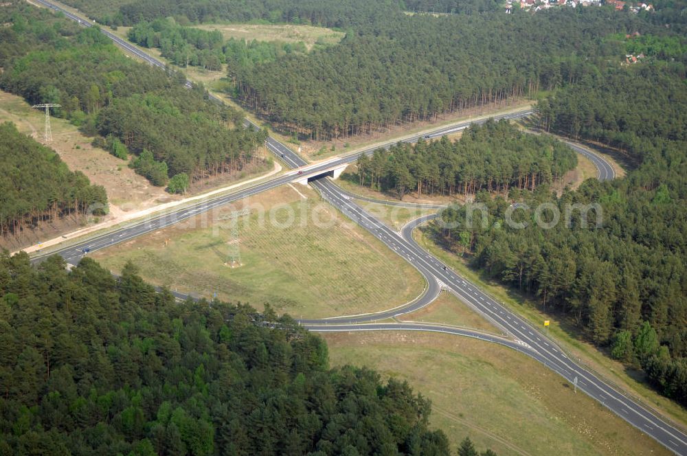 MÜLLROSE from the bird's eye view: Blick auf die Ortsumfahrung der Bundesstrasse B 87 westlich von Müllrose. Landesbetrieb Straßenwesen Brandenburg (