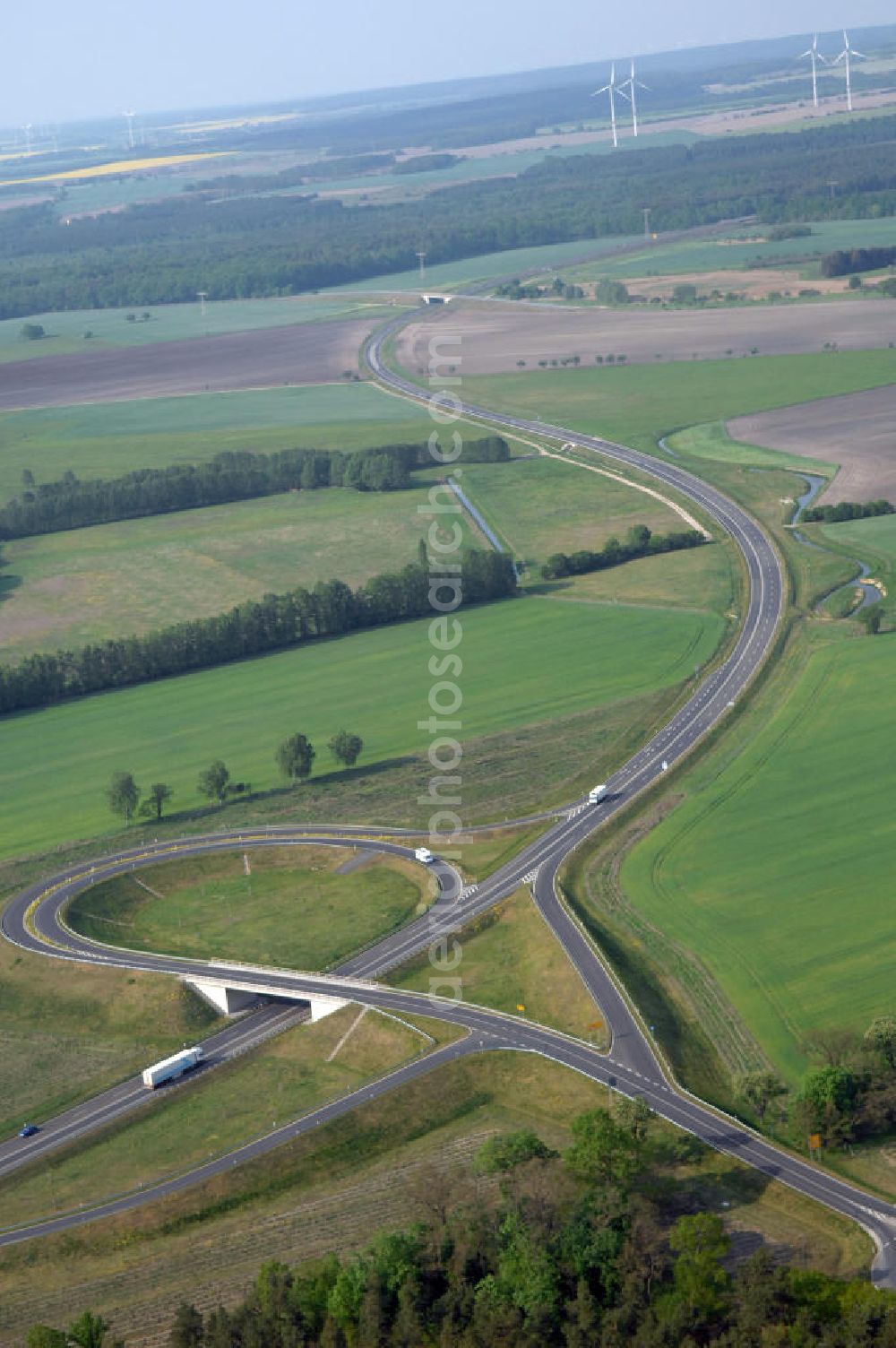 MÜLLROSE from above - Blick auf die Ortsumfahrung der Bundesstrasse B 87 westlich von Müllrose. Landesbetrieb Straßenwesen Brandenburg (