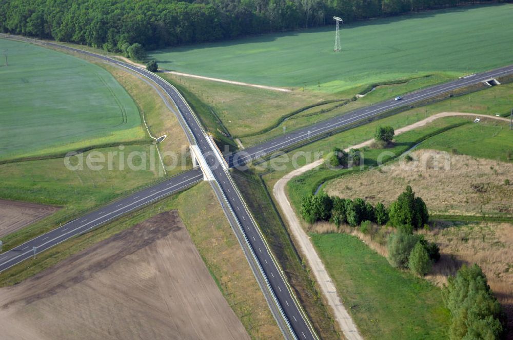 MÜLLROSE from the bird's eye view: Blick auf die Ortsumfahrung der Bundesstrasse B 87 westlich von Müllrose. Landesbetrieb Straßenwesen Brandenburg (