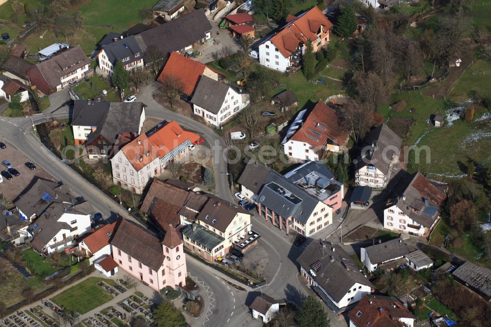 Hasel from the bird's eye view: Typical village center with church, town hall, inn, residential buildings and farms in Hasel in the State of Baden-Wuerttemberg