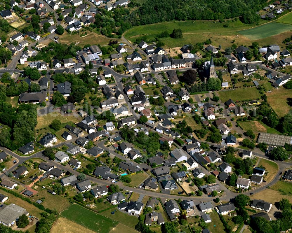 Landkern from the bird's eye view: View of the centre of Landkern in the state of Rhineland-Palatinate. The borough and municipiality is an official tourist resort and located in the county district of Cochem-Zell on the edge of the Endert valley. Landkern is surrounded by agricultural land and meadows and includes several small estates and hamlets