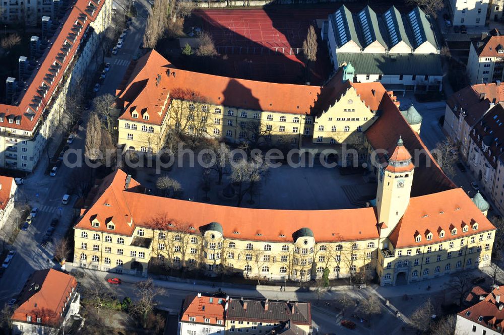 München from the bird's eye view: The academic high schools Oskar-von-Miller-Gymnasium and the Maximiliansgymnasium in Munich-Schwabing in Bavaria