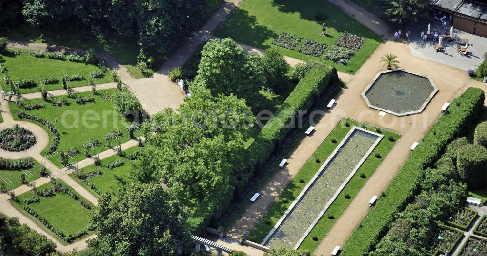 Aerial photograph Forst - Blick auf den Ostdeutschen Rosengarten. Der Garten wurde 1913 im Rahmen der Rosen- und Gartenausstellung gegründet. Auf einer Gesamtfläche von 15 Hektar präsentieren sich ca. 700 Rosensorten auf 40.000 Rosenstöcken. View of the East German Rose Garden. The garden was opened in 1913 as part of the Rose and Garden Show. On a total area of 15 hectares, about 700 varieties of roses are shown.