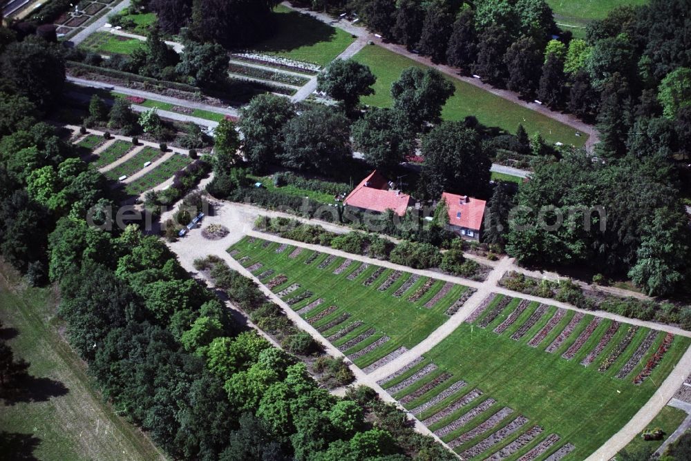 Aerial image Forst - View of the East German Rose Garden. The garden was opened in 1913 as part of the Rose and Garden Show. On a total area of 15 hectares, about 700 varieties of roses are shown