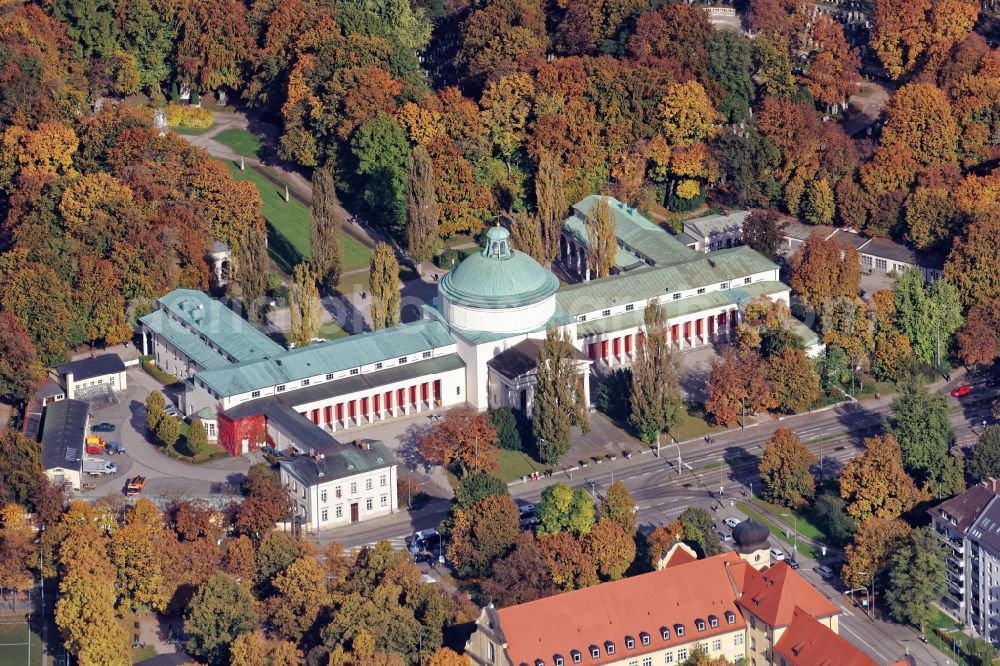 München from above - Ostfriedhof at the St.-Martins-Platz in Munich Giesing in the state of Bavaria