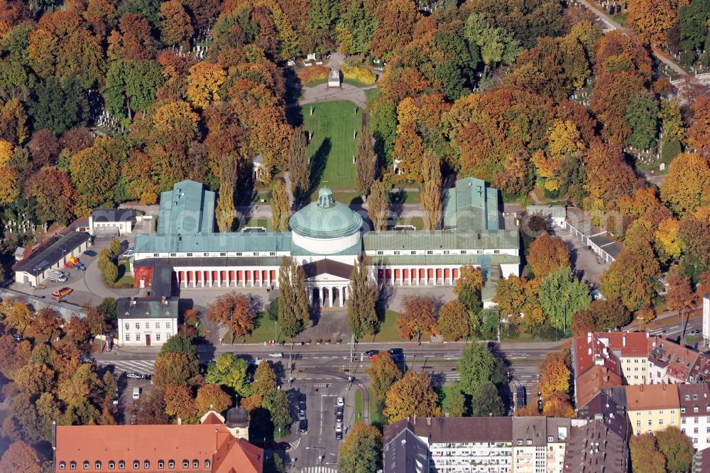 Aerial photograph München - Ostfriedhof at the St.-Martins-Platz in Munich Giesing in the state of Bavaria