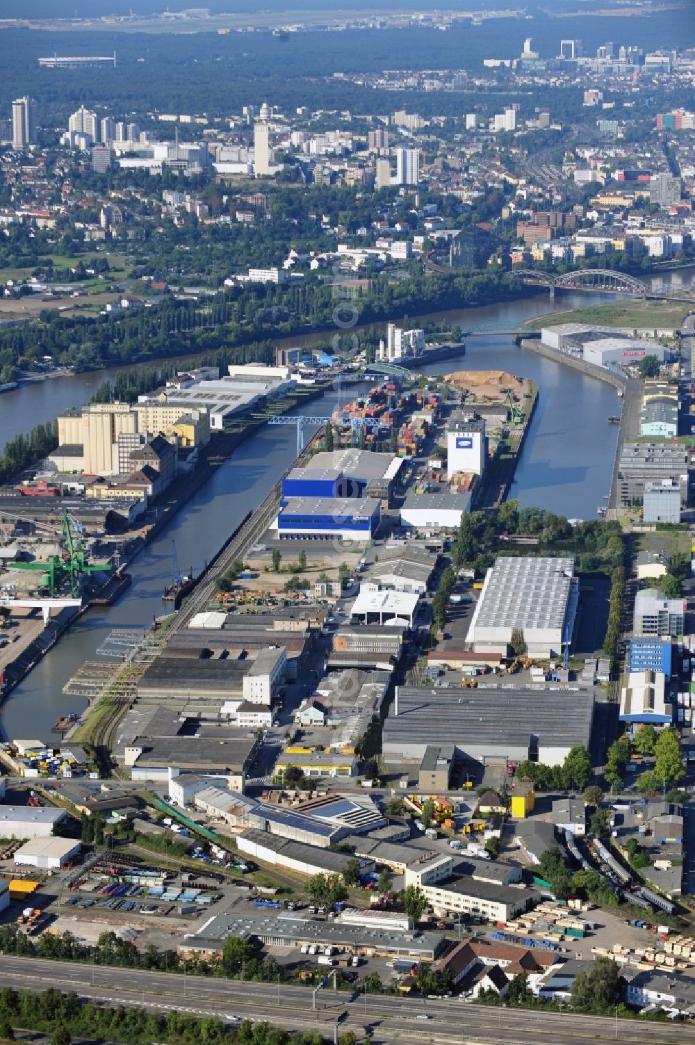 Frankfurt am Main from above - The Frankfurt port at the left riverside of the Main in the district Ostend in Hesse