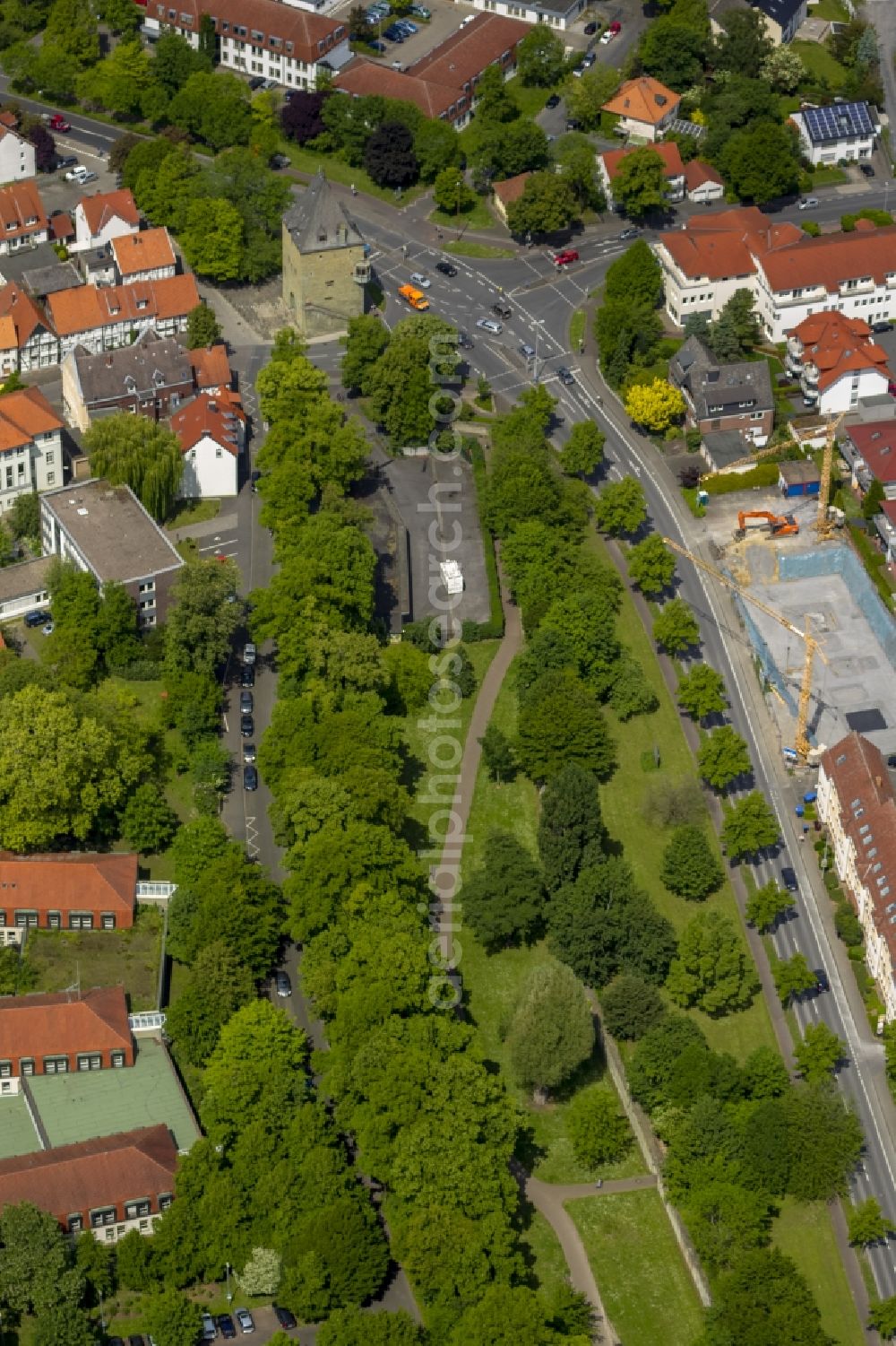 Soest from above - View of the Osthofentor at the old city wall of Soest in the Soester Boerde in the state North Rhine-Westphalia