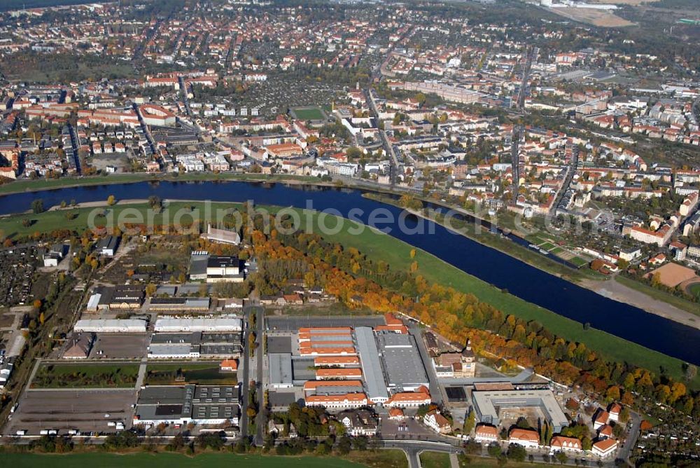 Aerial photograph Dresden - Blick auf das Ostragehege an der Elbe im Stadtteil Friedrichstadt zwischen Marienbrücke, Friedrichstadt und dem Binnenhafen Alberthafen Dresden-Friedrichstadt. Auf dem Gelände befindet sich die Messe Dresden und ein großer Sportkomplex mit dem Heinz-Steyer-Stadion und der Eissporthalle. Ein Projekt der HVB Immobilien AG