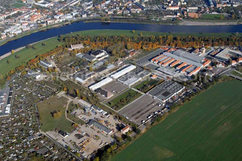 Aerial photograph Dresden - Blick auf das Ostragehege an der Elbe im Stadtteil Friedrichstadt zwischen Marienbrücke, Friedrichstadt und dem Binnenhafen Alberthafen Dresden-Friedrichstadt. Auf dem Gelände befindet sich die Messe Dresden und ein großer Sportkomplex mit dem Heinz-Steyer-Stadion und der Eissporthalle. Ein Projekt der HVB Immobilien AG