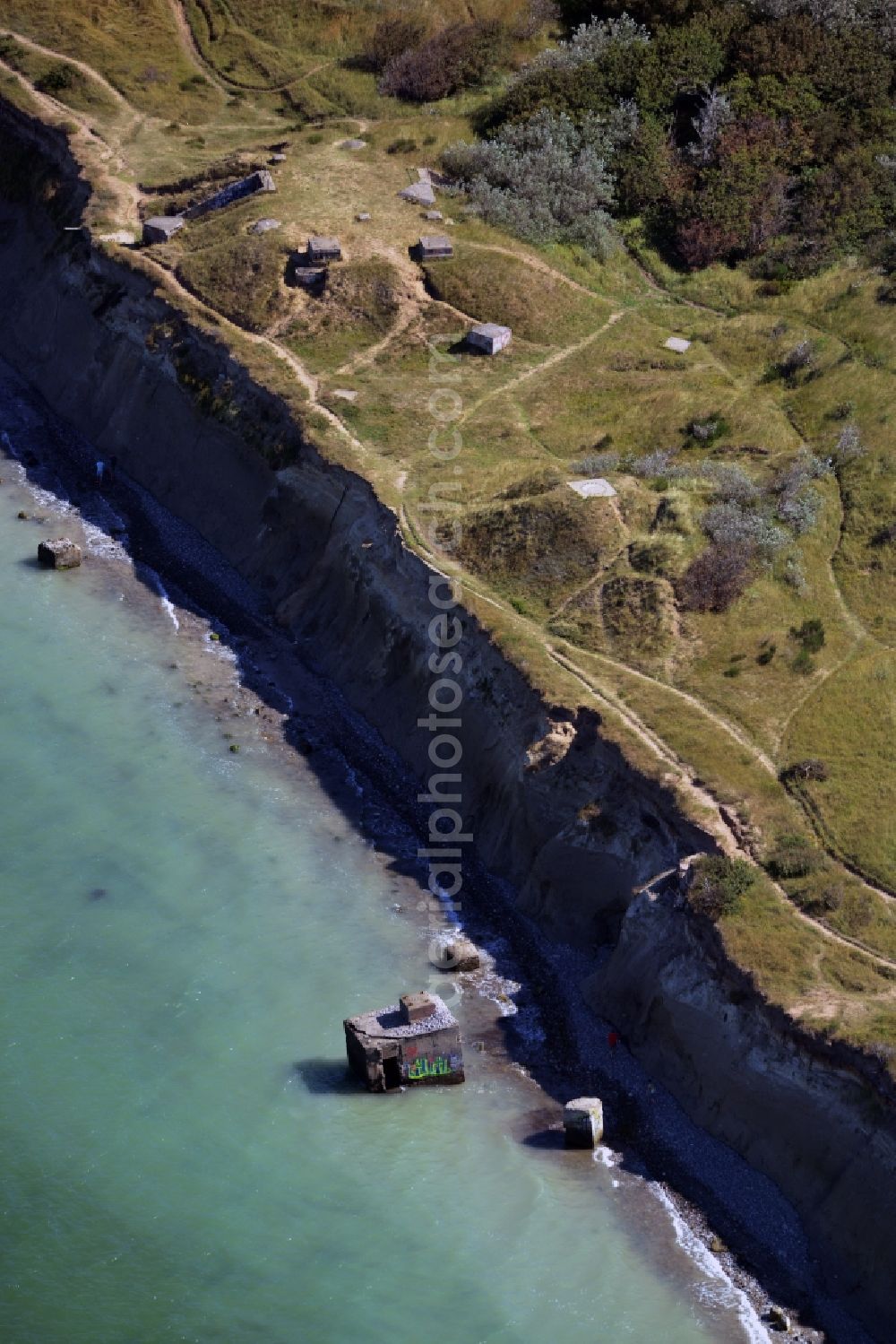 Aerial photograph Wustrow - Coastline at the rocky cliffs of Ruins of the old bunker plant in Wustrow in the state Mecklenburg - Western Pomerania