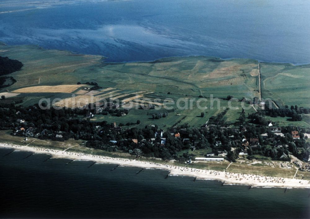 Aerial photograph Ahrenshoop - Blick auf die Ostseeküste mit Urlaubern des Ostseebades Ahrenshoop auf der Halbinselkette Fischland-Darß-Zingst. View of the coast of the Baltic Sea with tourists in the Baltic Sea resort Ahrenshoop on the Peninsula Fischland-Darß-Zingst.