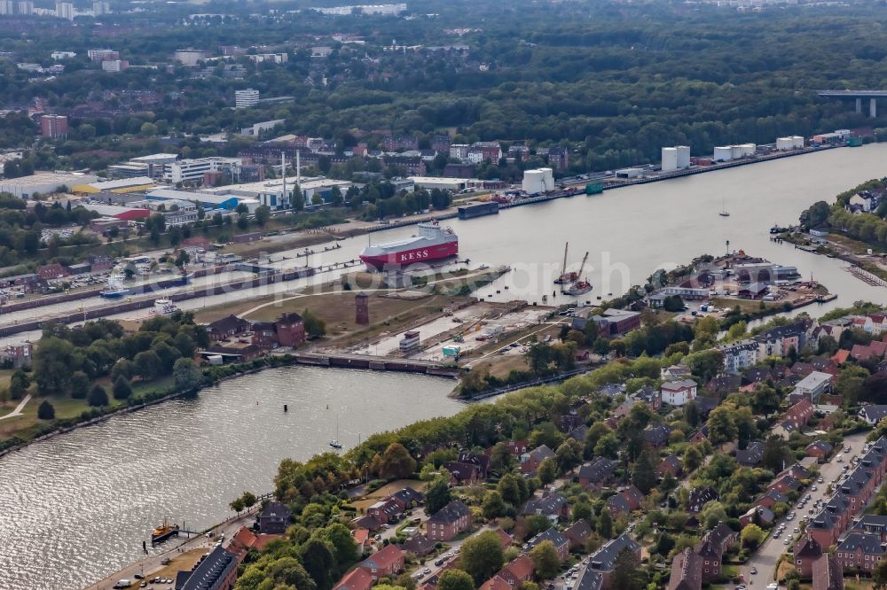 Aerial image Kiel - Eastern part of the North-Baltic Sea Canal with lock systems and district Holtenau in Kiel in the state Schleswig-Holstein, Germany