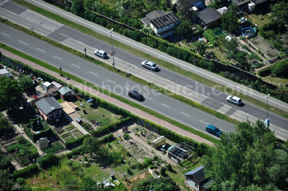 Brandenburg from the bird's eye view: Verlauf der Otto Sidow Straße durch eine Kleingartenanlage in Brandenburg / Havel. Course of the Otto Sidow Strasse through an allotment garden area.