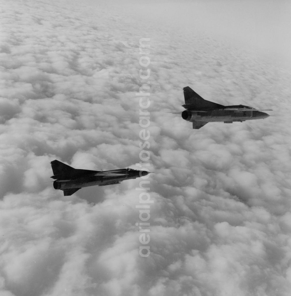 Peenemünde from above - Pair of two fighter aircraft of Soviet design type Mig 23 fighter aircraft of the LSK / LV Air Force, fighter pilot squadron Heinrich Rau JG9 the NVA / National People's Army at Peenemunde