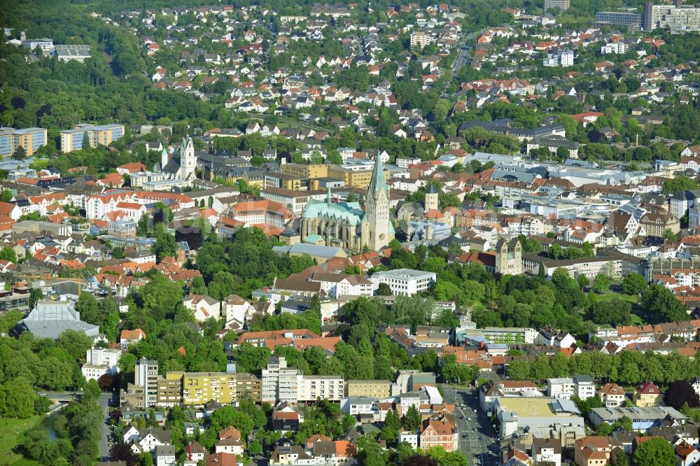 Aerial image Paderborn - The Paderborn Cathedral is the cathedral of the Archdiocese of Paderborn and is located in the center of downtown Paderborn in the district core city in Paderborn in North Rhine-Westphalia