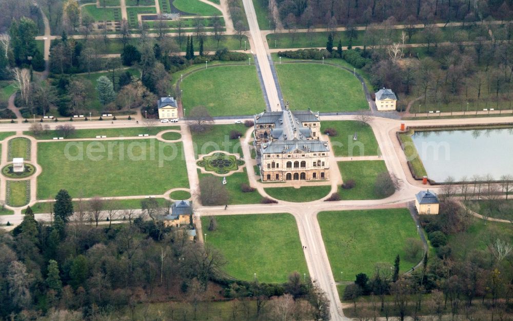 Dresden from above - Palais in the large garden in Dresden in Saxony. The large garden is the largest park in Dresden with the baroque summer palace