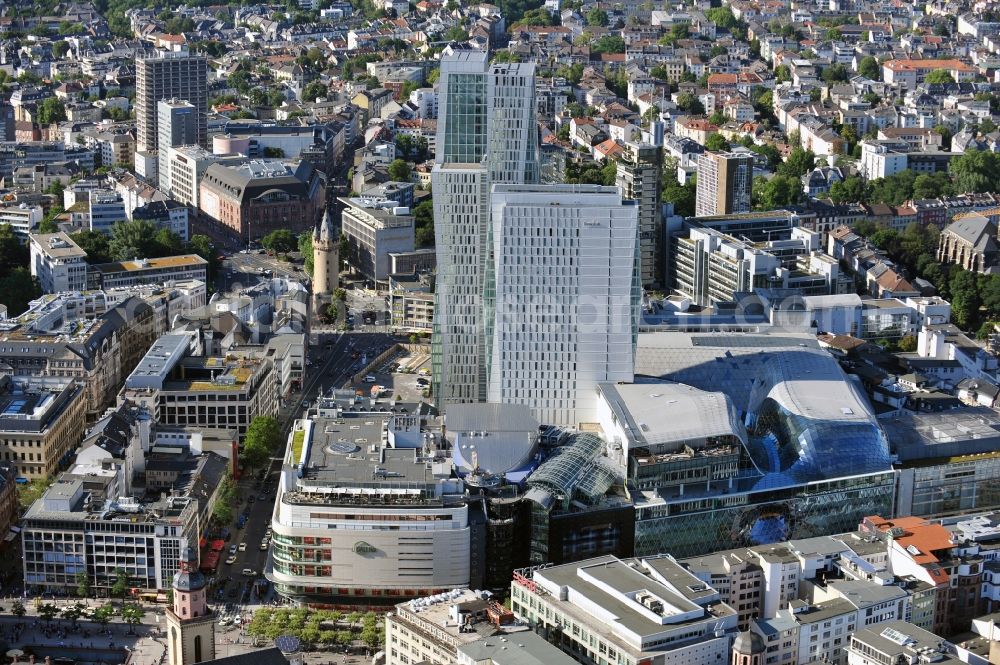 Frankfurt am Main from above - View of the Palais Quartier in Frankfurt am Main in Hesse. It is a building complex, which includes next to the shopping center MyZeil and the Jumeirah Frankfurt hotel also the office tower Nextower, which is desingned of KSP Engel and Zimmermann