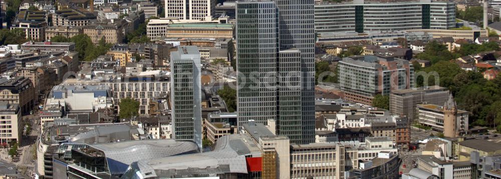 Aerial image Frankfurt am Main - Blick auf das Palais Quartier im Zentrum von Frankfurt / Main in Hessen. Das Palais Quartier ist ein Neubauprojekt in der Frankfurter Innenstadt und besteht aus vier Bauelementen: Das Einkaufszentrum MyZeil, das das Tor des Quartiers zur berühmten Straße Zeil bildet; das 96 Meter hohe Hotel Jumeirah Frankfurt in der Mitte; ein 135 Meter hoher Büroturm und dem Palais Thurn und Taxis. Ausführende Baufirma war die BAM Deutschland AG. View of the palace quarters in the center of Frankfurt / Main in Hessen. The palace quarter is a new development project in downtown Frankfurt and consists of four components: The shopping MyZeil that forms the gate of the quarter to the famous street Zeil, the 96-meter-high hotel Jumeirah Frankfurt in the center, a 135-meter high office tower and the Palais Thurn and Taxis. Construction company was the BAM Germany AG.