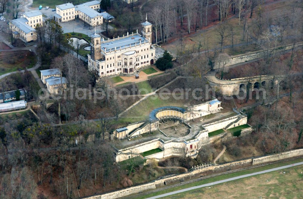 Dresden from above - Palace of Albrechtsberg Castle on Bautzner Strasse in the Loschwitz district of Dresden in the state of Saxony, Germany