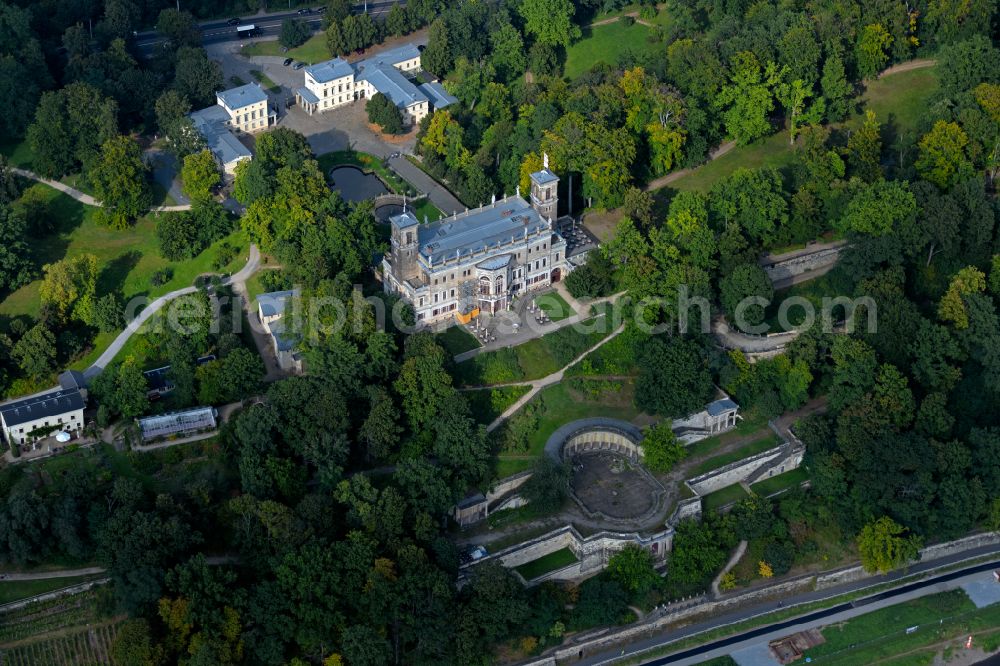 Dresden from above - Palace of Albrechtsberg Castle on Bautzner Strasse in the Loschwitz district of Dresden in the state of Saxony, Germany