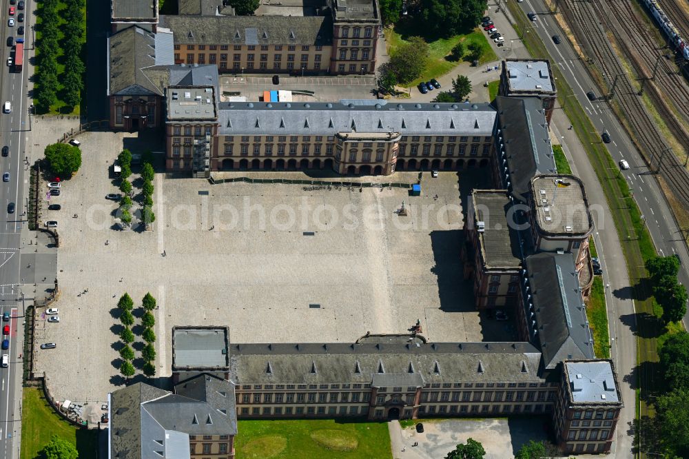 Mannheim from above - Palace - Barockschloss on place Carl-Theodor-Platz in Mannheim in the state Baden-Wuerttemberg, Germany