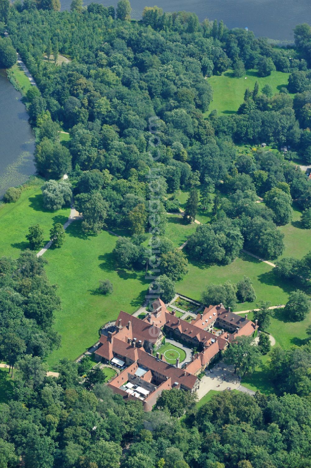 Potsdam from above - Palace Cecilienhof on street Im Neuen Garten in Potsdam in the state Brandenburg, Germany