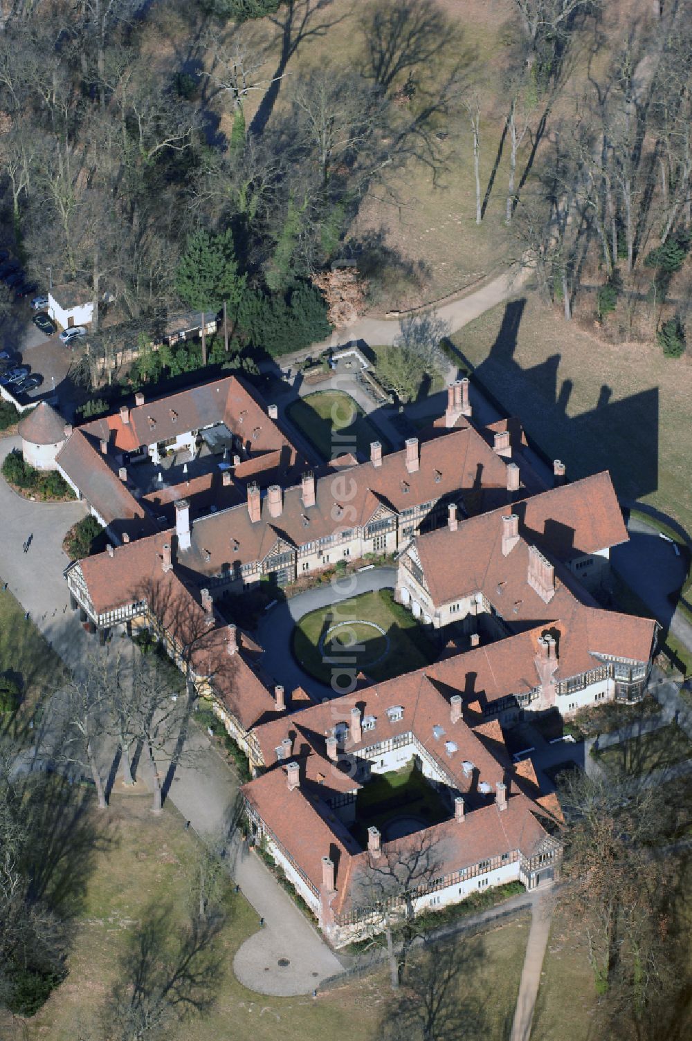 Aerial image Potsdam - Palace Cecilienhof on street Im Neuen Garten in Potsdam in the state Brandenburg, Germany