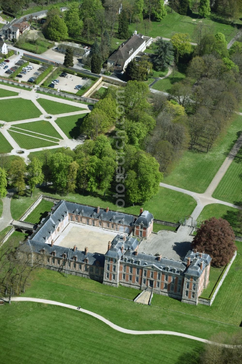 Chamarande from above - Palace Chateau de Chamarande on Rue du Commandant in Chamarande in Ile-de-France, France