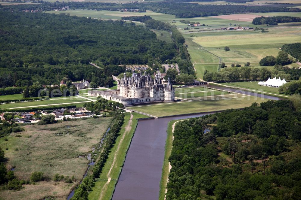 Chambord from the bird's eye view: Palace in Chambord in Centre-Val de Loire, France