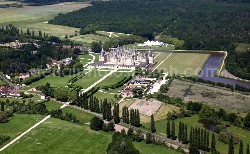 Chambord from the bird's eye view: Palace in Chambord in Centre-Val de Loire, France