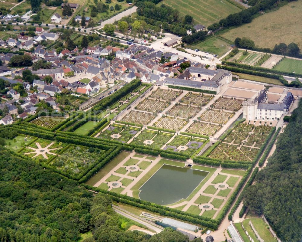 Aerial image Villandry - Palace Chateau de Villandry on Rue Principale in Villandry in Centre-Val de Loire, France