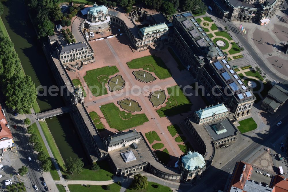 Dresden from above - Palace of the castle Dresdner Zwinger on Theaterplatz - Sophienstrasse in the district Altstadt in Dresden in the federal state of Saxony, Germany