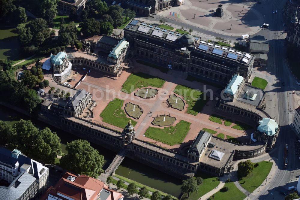 Dresden from above - Palace of the castle Dresdner Zwinger on Theaterplatz - Sophienstrasse in the district Altstadt in Dresden in the federal state of Saxony, Germany