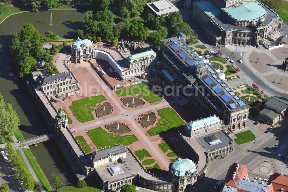 Aerial image Dresden - Palace of the castle Dresdner Zwinger on Theaterplatz - Sophienstrasse in the district Altstadt in Dresden in the federal state of Saxony, Germany