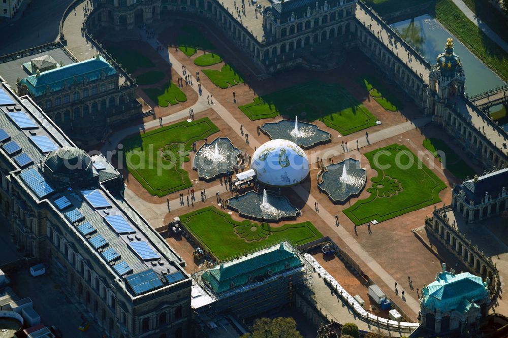 Aerial image Dresden - Palace of the castle Dresdner Zwinger on Theaterplatz - Sophienstrasse in the district Altstadt in Dresden in the federal state of Saxony, Germany