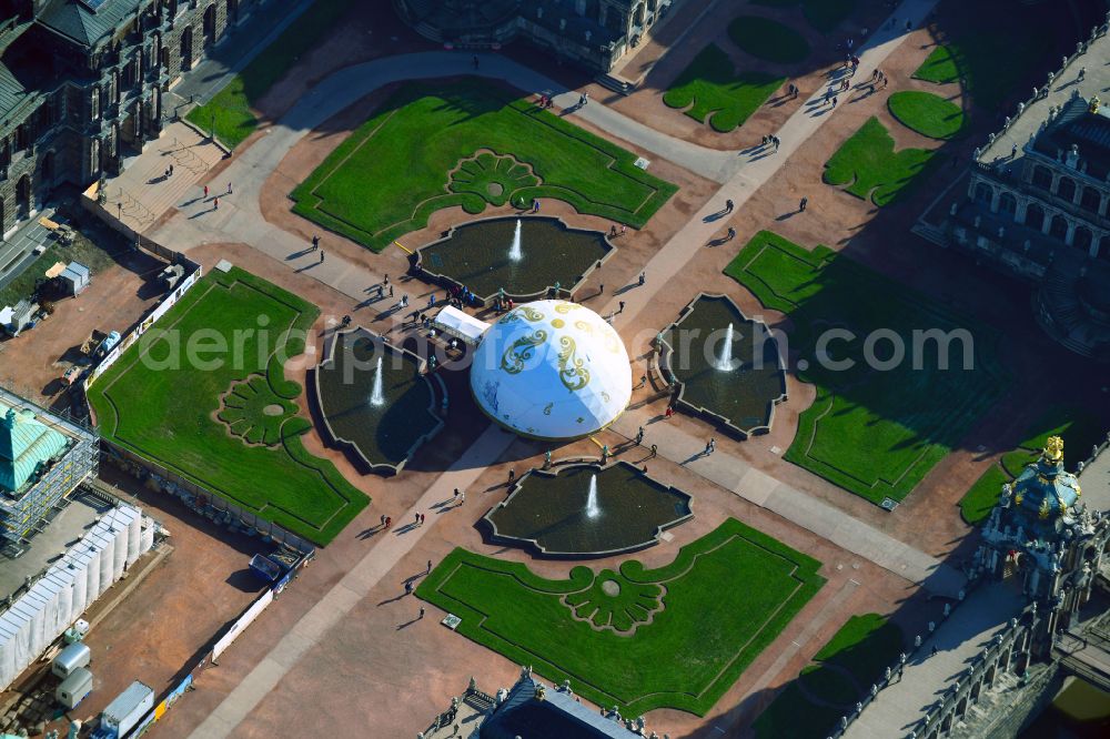 Dresden from above - Palace of the castle Dresdner Zwinger on Theaterplatz - Sophienstrasse in the district Altstadt in Dresden in the federal state of Saxony, Germany