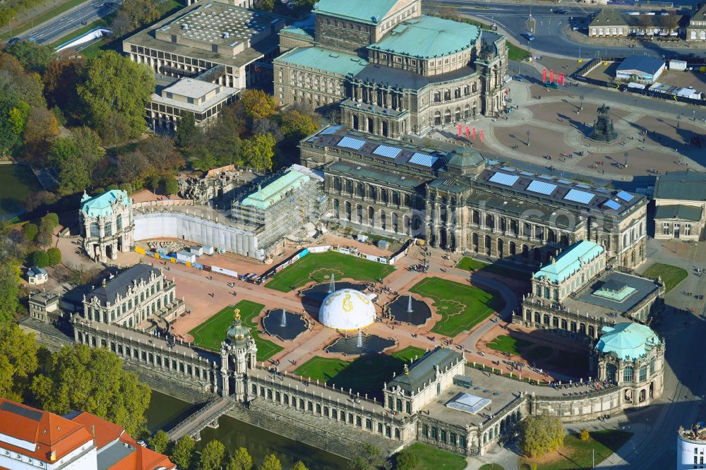 Dresden from above - Palace of the castle Dresdner Zwinger on Theaterplatz - Sophienstrasse in the district Altstadt in Dresden in the federal state of Saxony, Germany