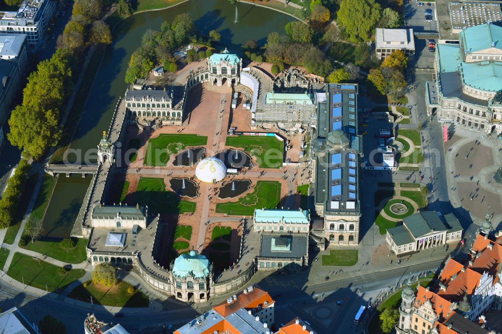 Dresden from above - Palace of the castle Dresdner Zwinger on Theaterplatz - Sophienstrasse in the district Altstadt in Dresden in the federal state of Saxony, Germany