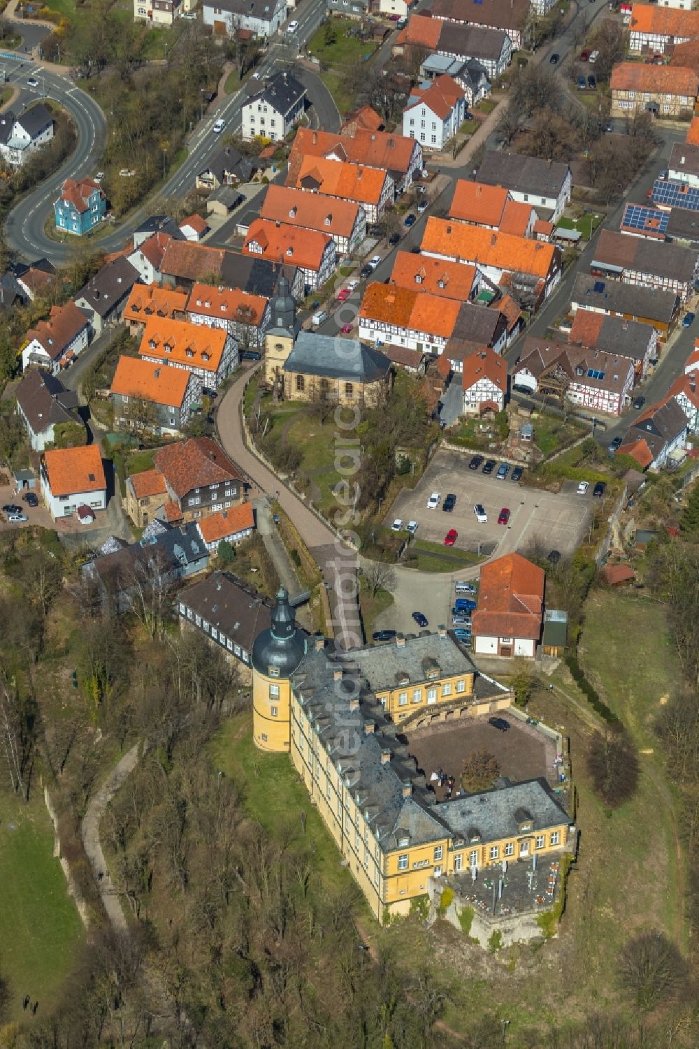 Bad Wildungen from above - Palace Schloss Friedrichstein on Schlossstrasse in Bad Wildungen in the state Hesse, Germany