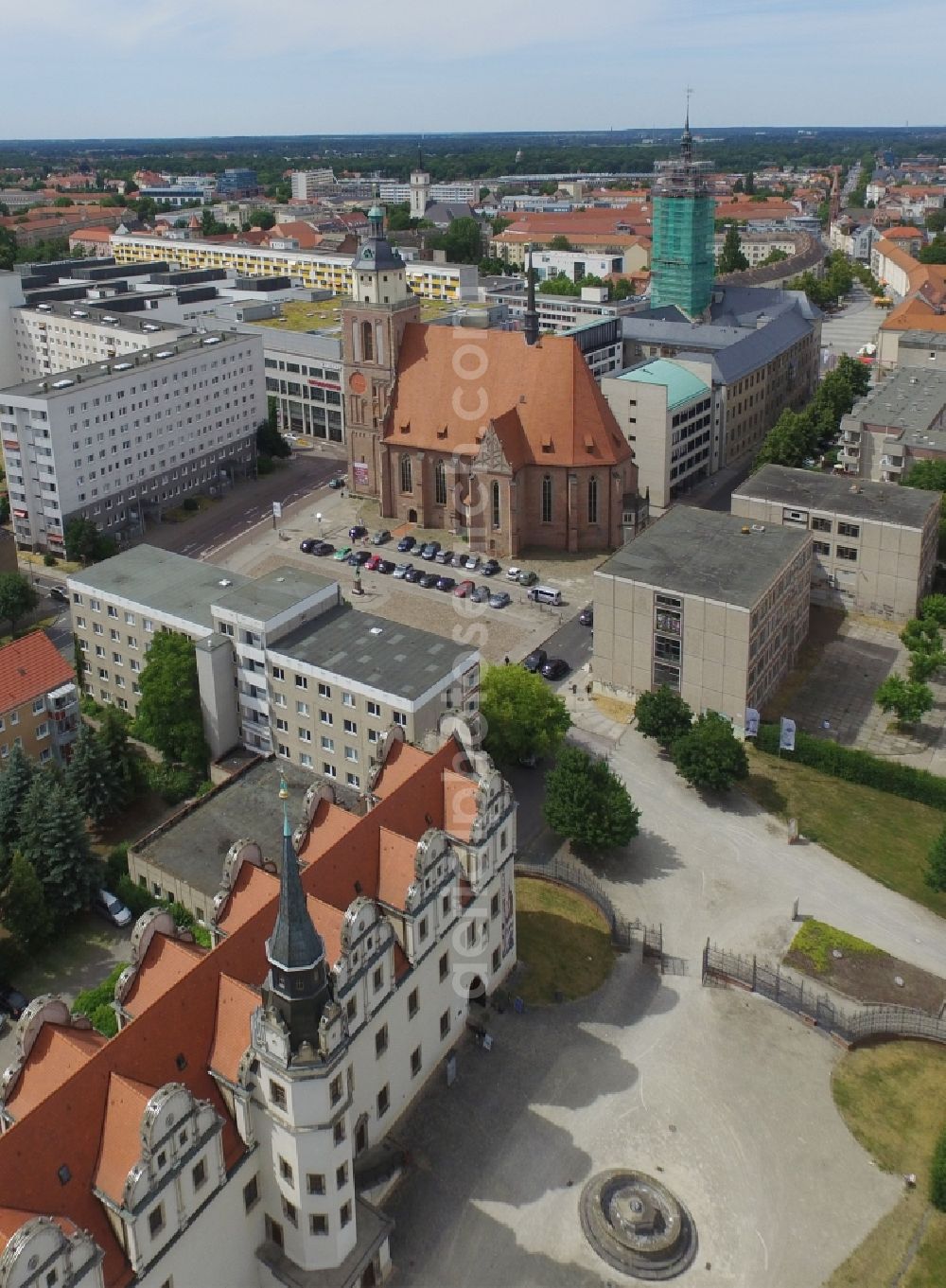 Dessau from above - Palace Museum fuer Stadtgeschichte on Schlossplatz in Dessau in the state Saxony-Anhalt, Germany