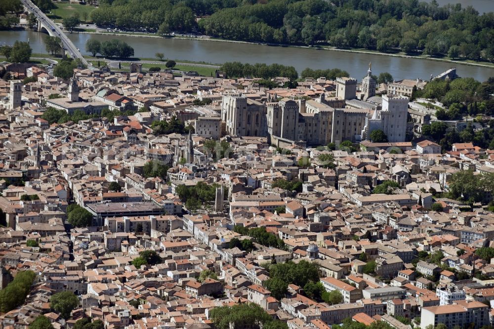 Aerial image Avignon - Palace Palais des Papes on Place du Palais in Avignon in Provence-Alpes-Cote d'Azur, France