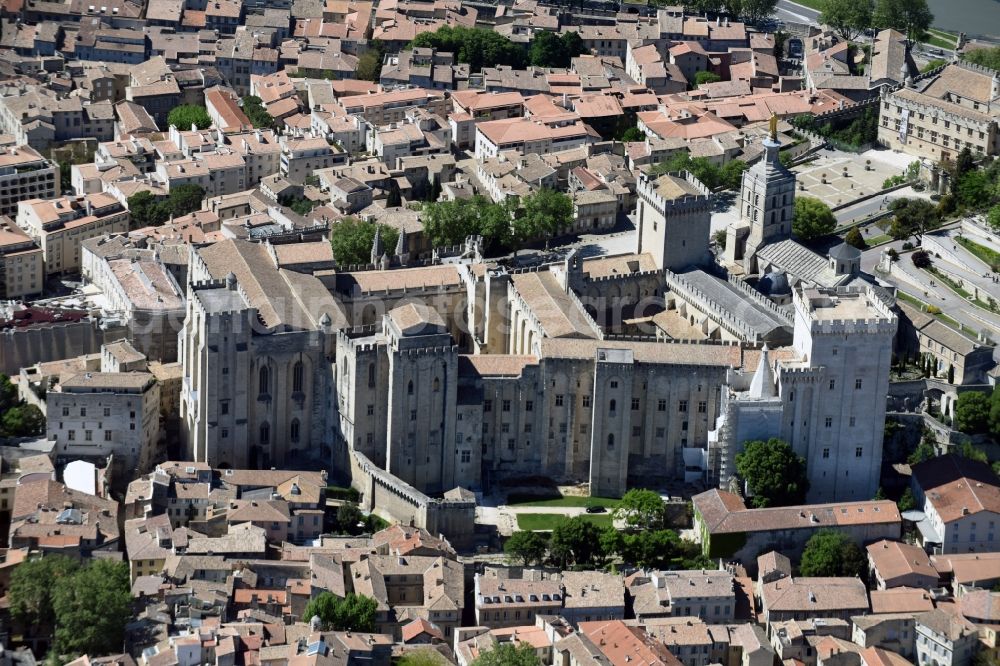 Aerial image Avignon - Palace Palais des Papes on Place du Palais in Avignon in Provence-Alpes-Cote d'Azur, France