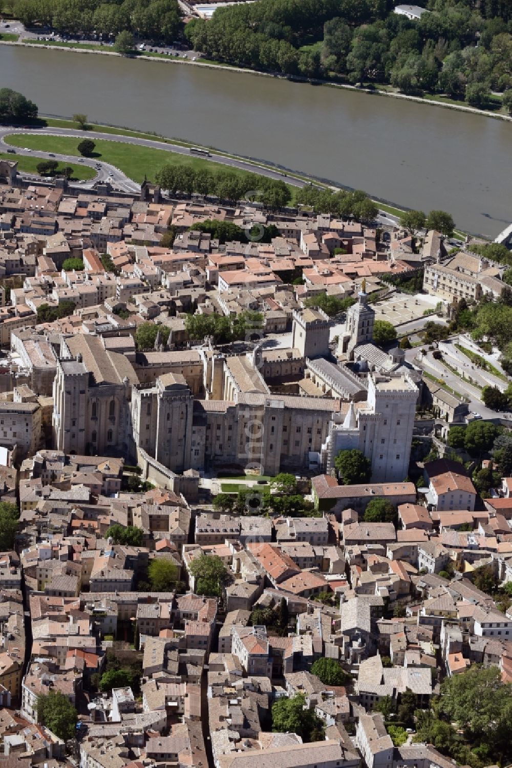 Avignon from the bird's eye view: Palace Palais des Papes on Place du Palais in Avignon in Provence-Alpes-Cote d'Azur, France