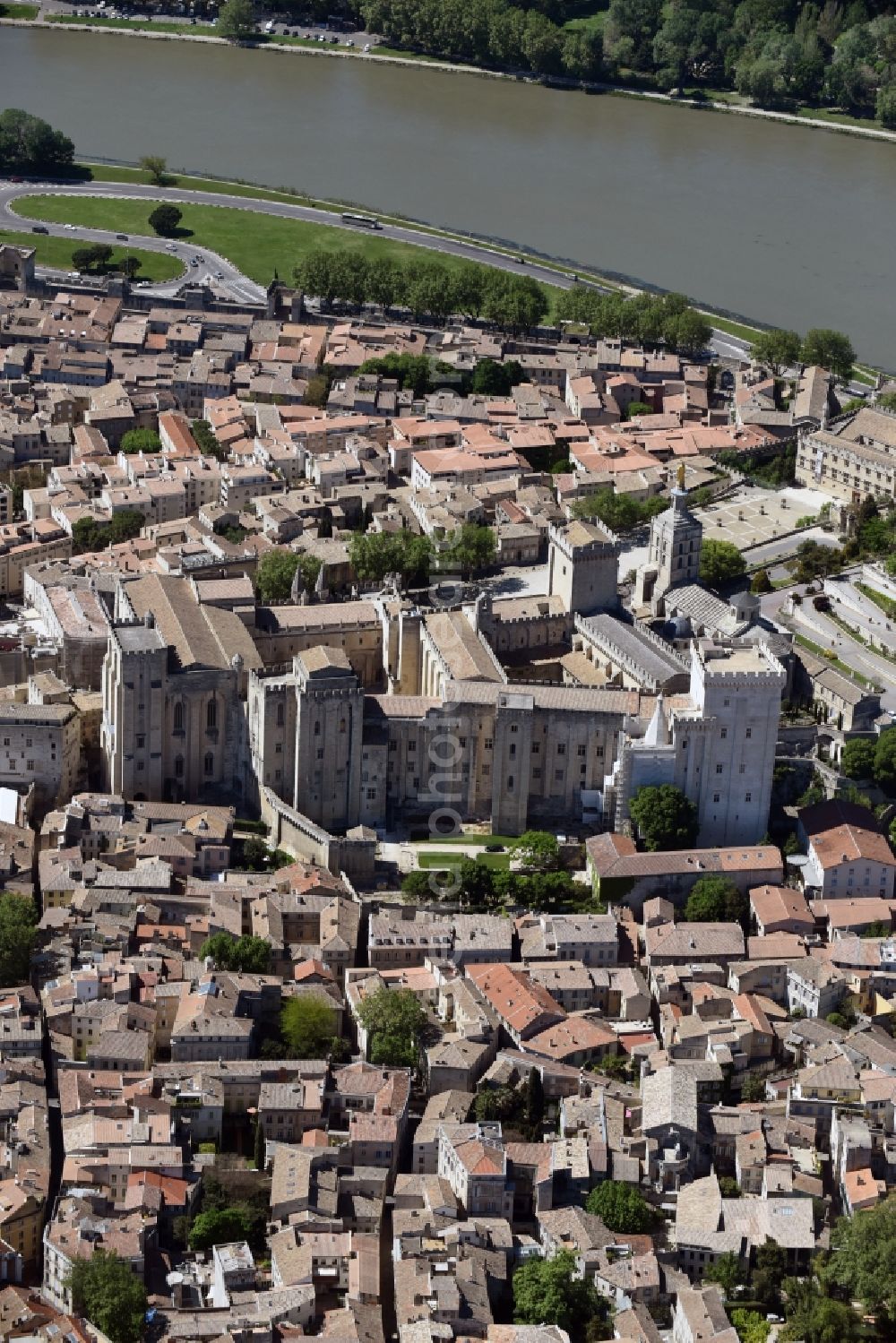 Aerial image Avignon - Palace Palais des Papes on Place du Palais in Avignon in Provence-Alpes-Cote d'Azur, France